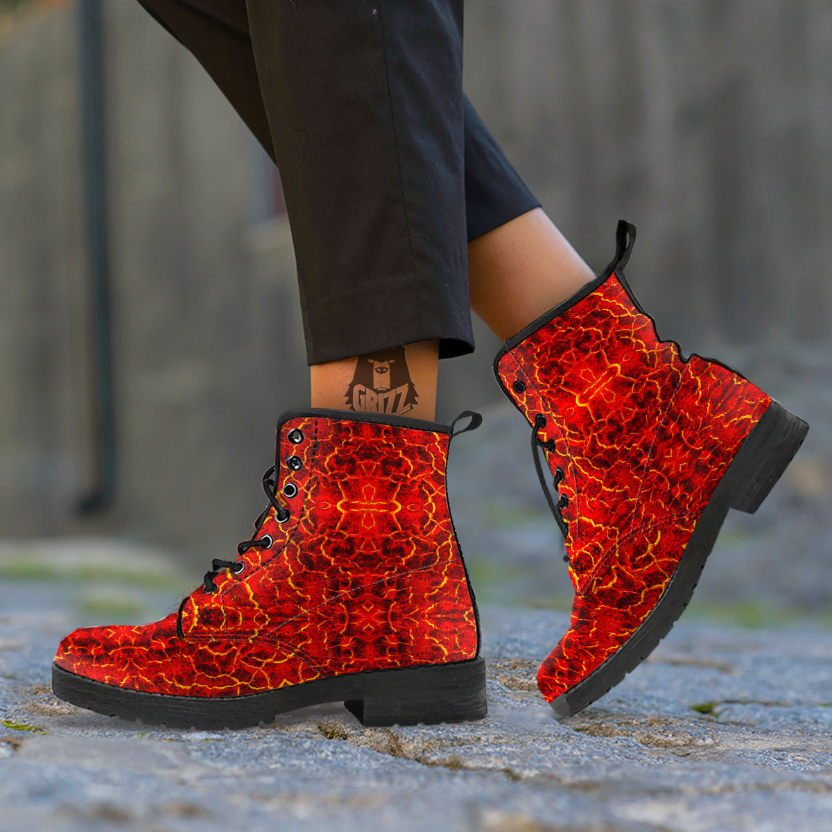 Lava Red Print Pattern Leather Boots-grizzshop