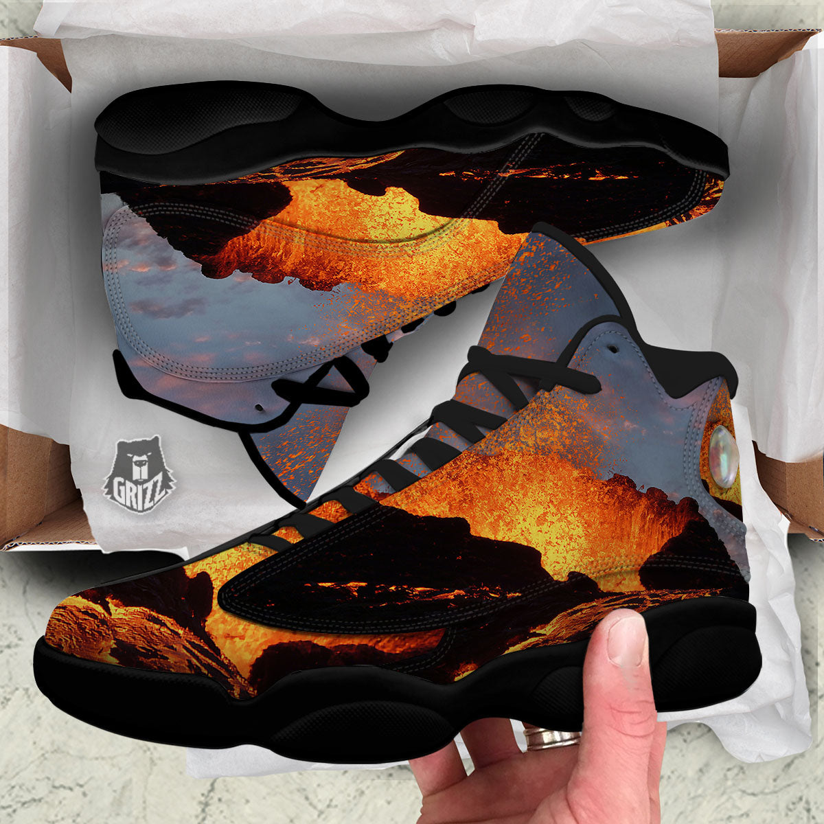 Lava Volcano Print Black Basketball Shoes-grizzshop