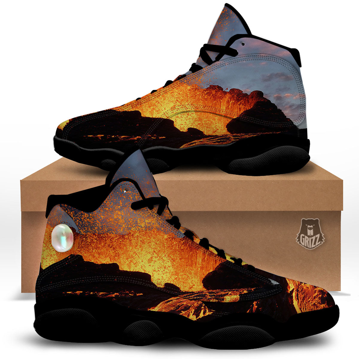Lava Volcano Print Black Basketball Shoes-grizzshop