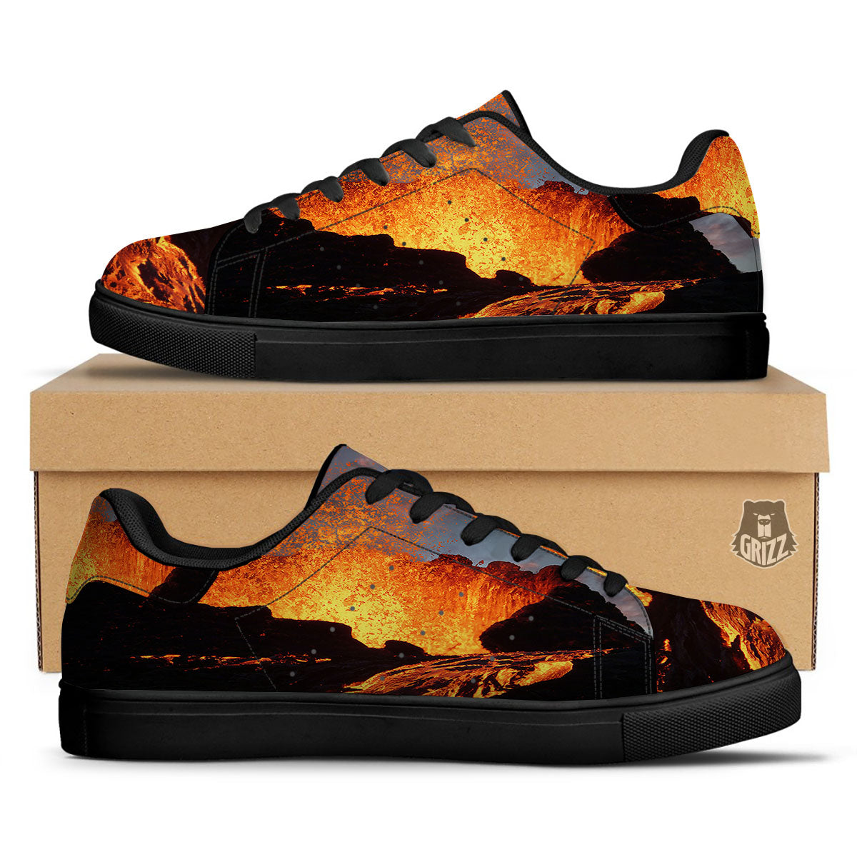 Lava Volcano Print Black Low Top Sneakers-grizzshop