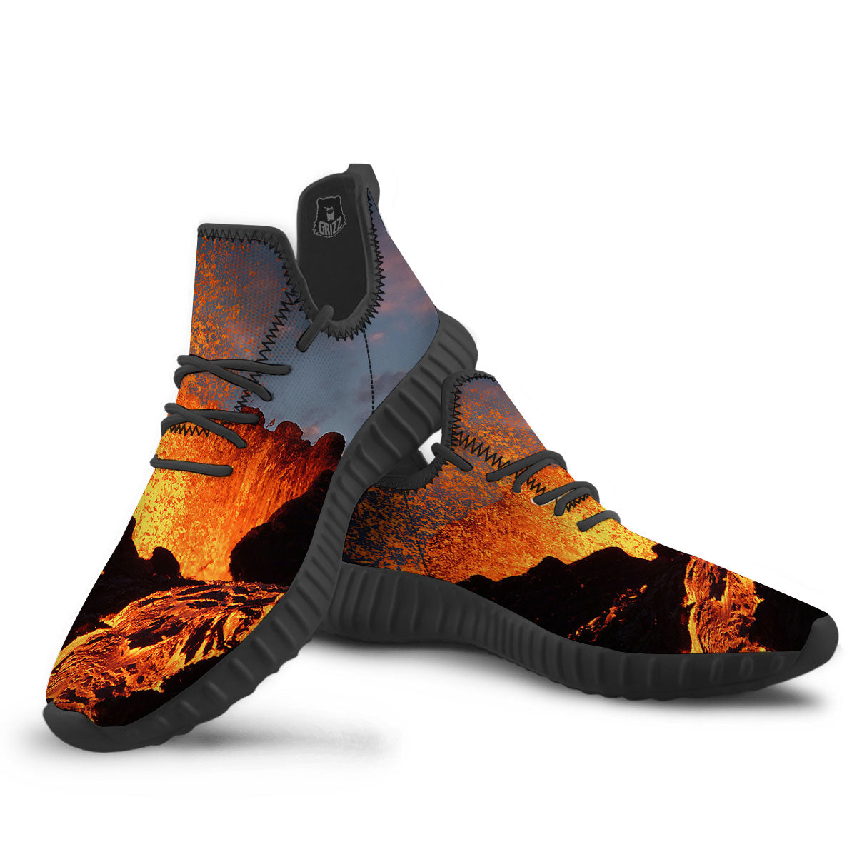 Lava Volcano Print Black Walking Shoes-grizzshop
