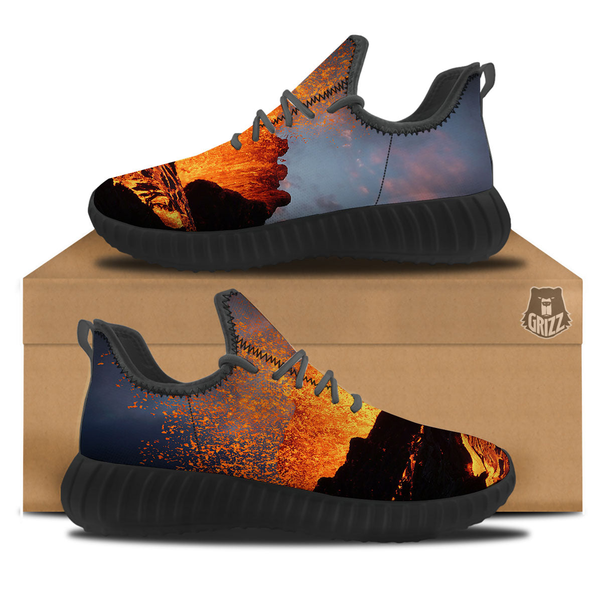 Lava Volcano Print Black Walking Shoes-grizzshop
