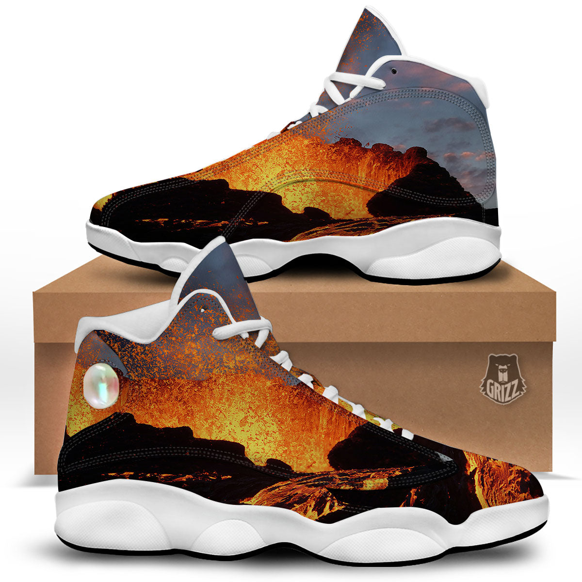 Lava Volcano Print White Basketball Shoes-grizzshop