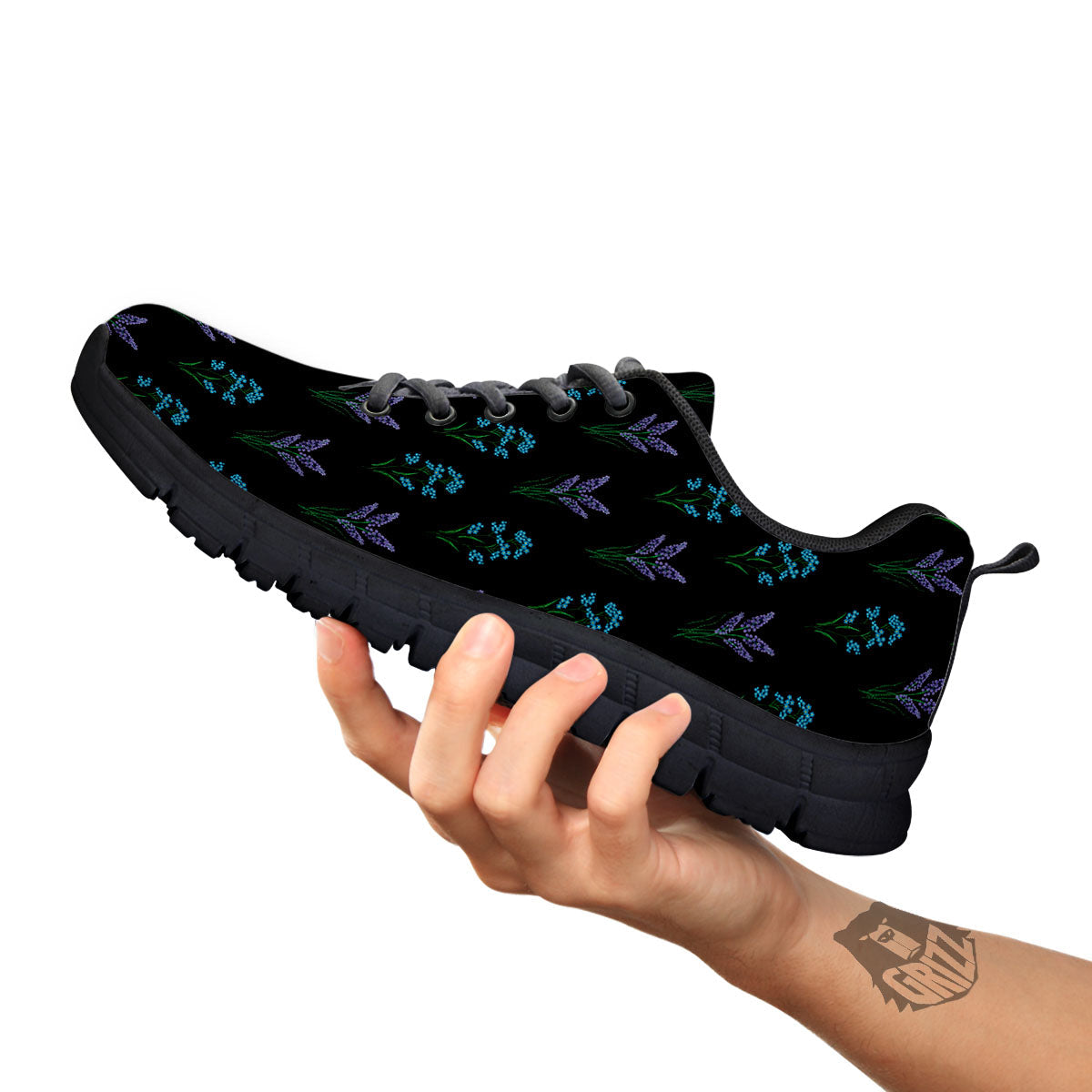 Lavender Embroidery Print Pattern Black Sneaker-grizzshop