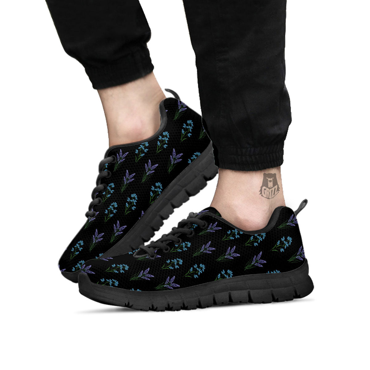 Lavender Embroidery Print Pattern Black Sneaker-grizzshop