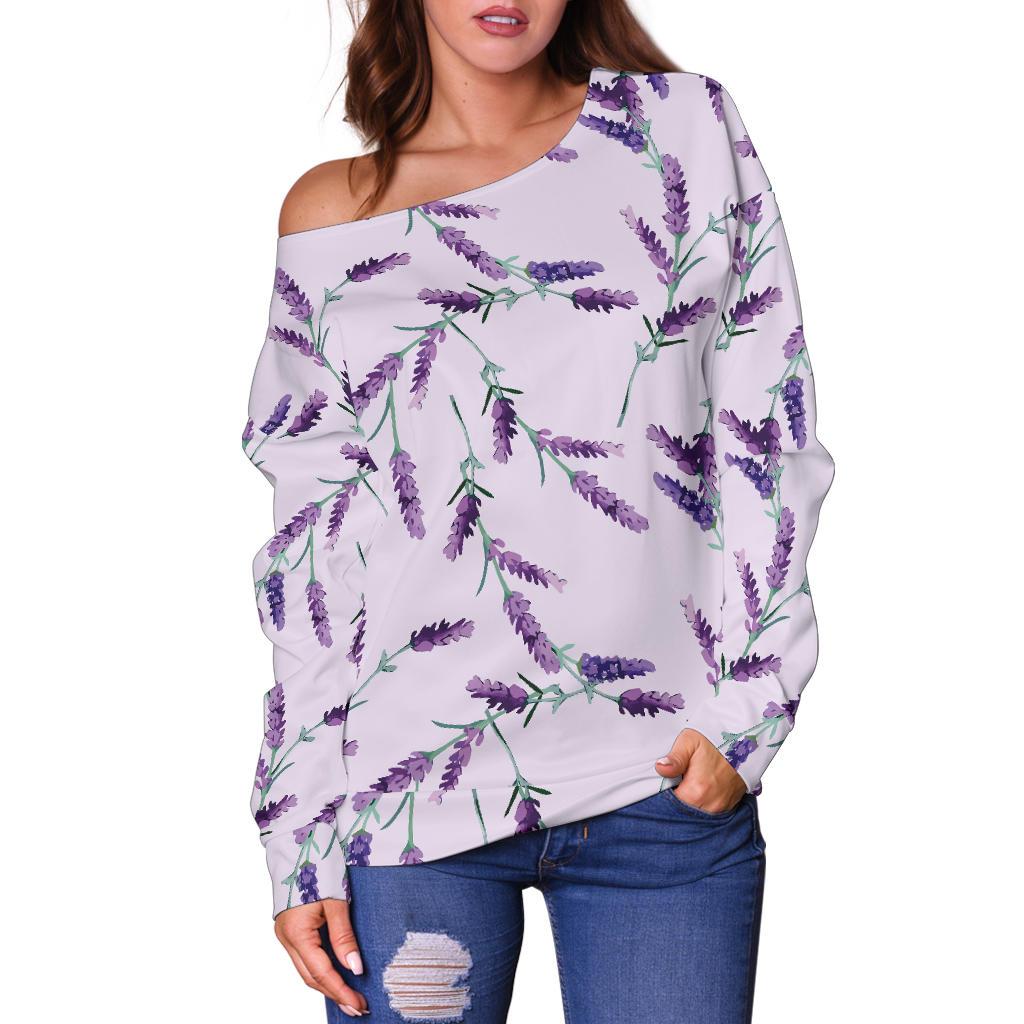 Lavender Floral Pattern Print Women Off Shoulder Sweatshirt-grizzshop