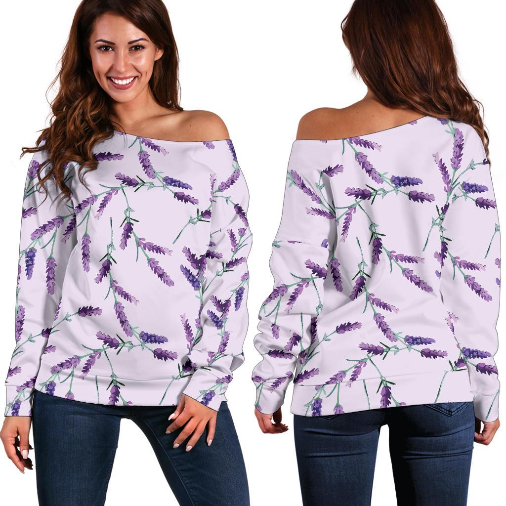 Lavender Floral Pattern Print Women Off Shoulder Sweatshirt-grizzshop