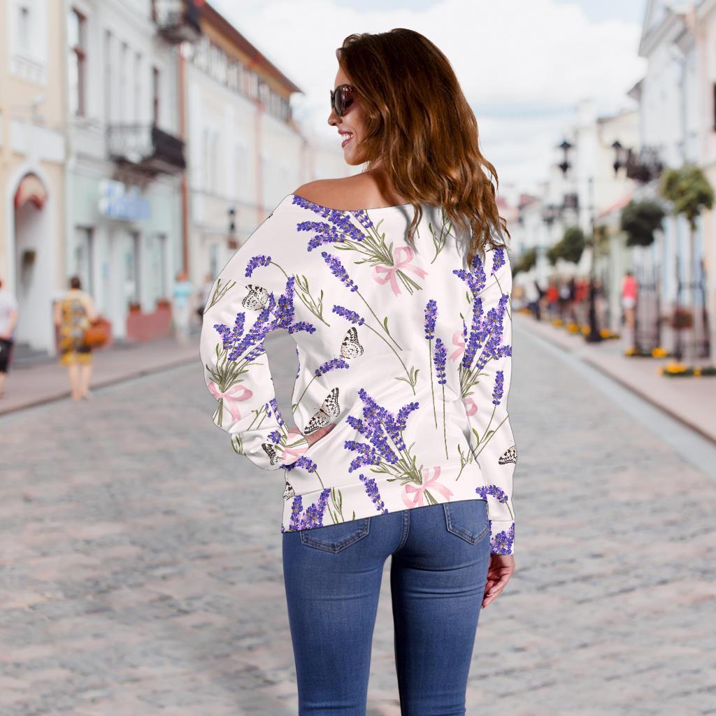 Lavender Floral Print Pattern Women Off Shoulder Sweatshirt-grizzshop