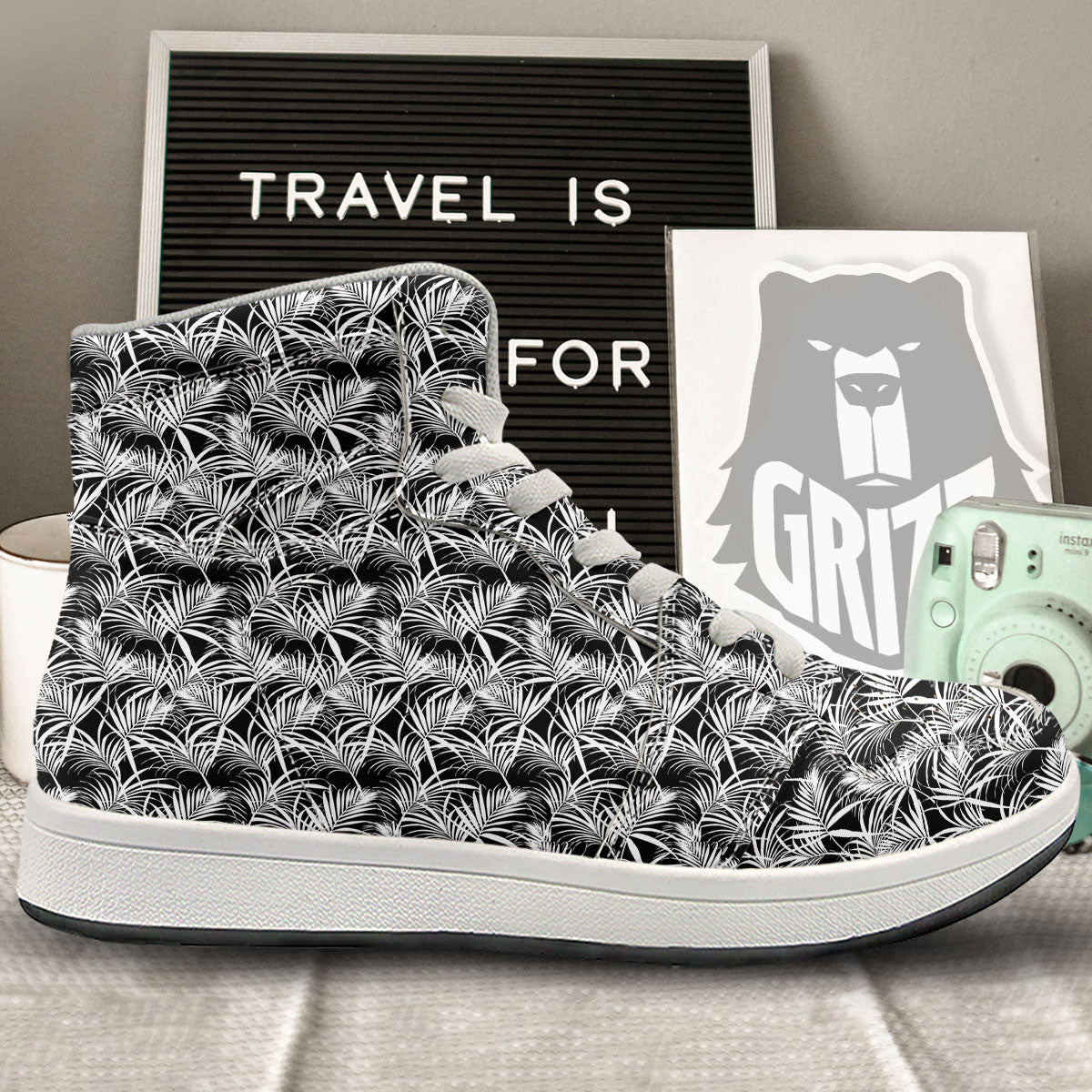 Leaf Aloha Black Palm Print Pattern High Top Sneakers-grizzshop