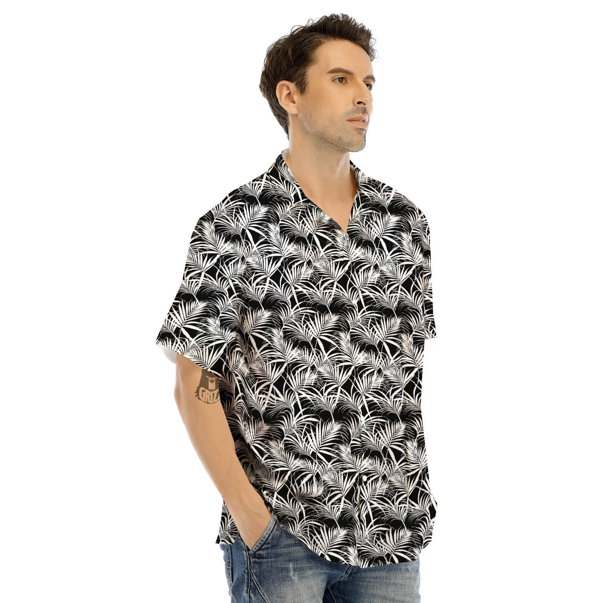 Leaf Aloha Black Palm Print Pattern Men's Hawaiian Shirt-grizzshop