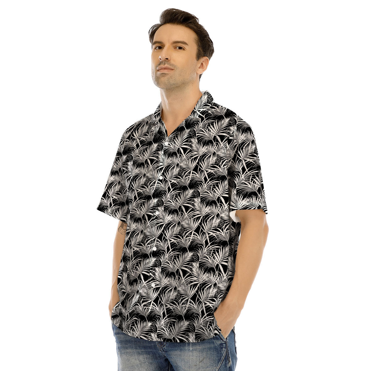 Leaf Aloha Black Palm Print Pattern Men's Hawaiian Shirt-grizzshop