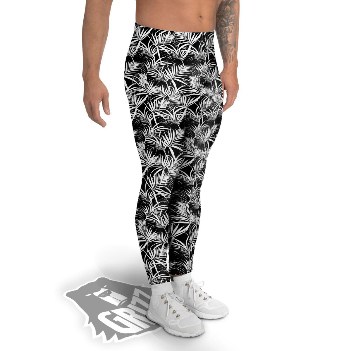 Leaf Aloha Black Palm Print Pattern Men's Leggings-grizzshop