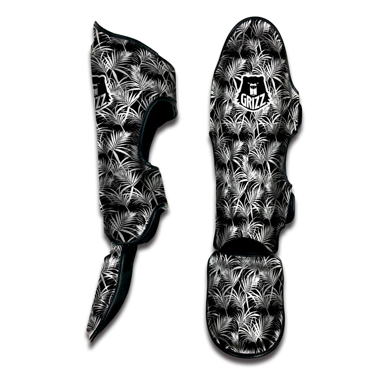 Leaf Aloha Black Palm Print Pattern Muay Thai Shin Guards-grizzshop