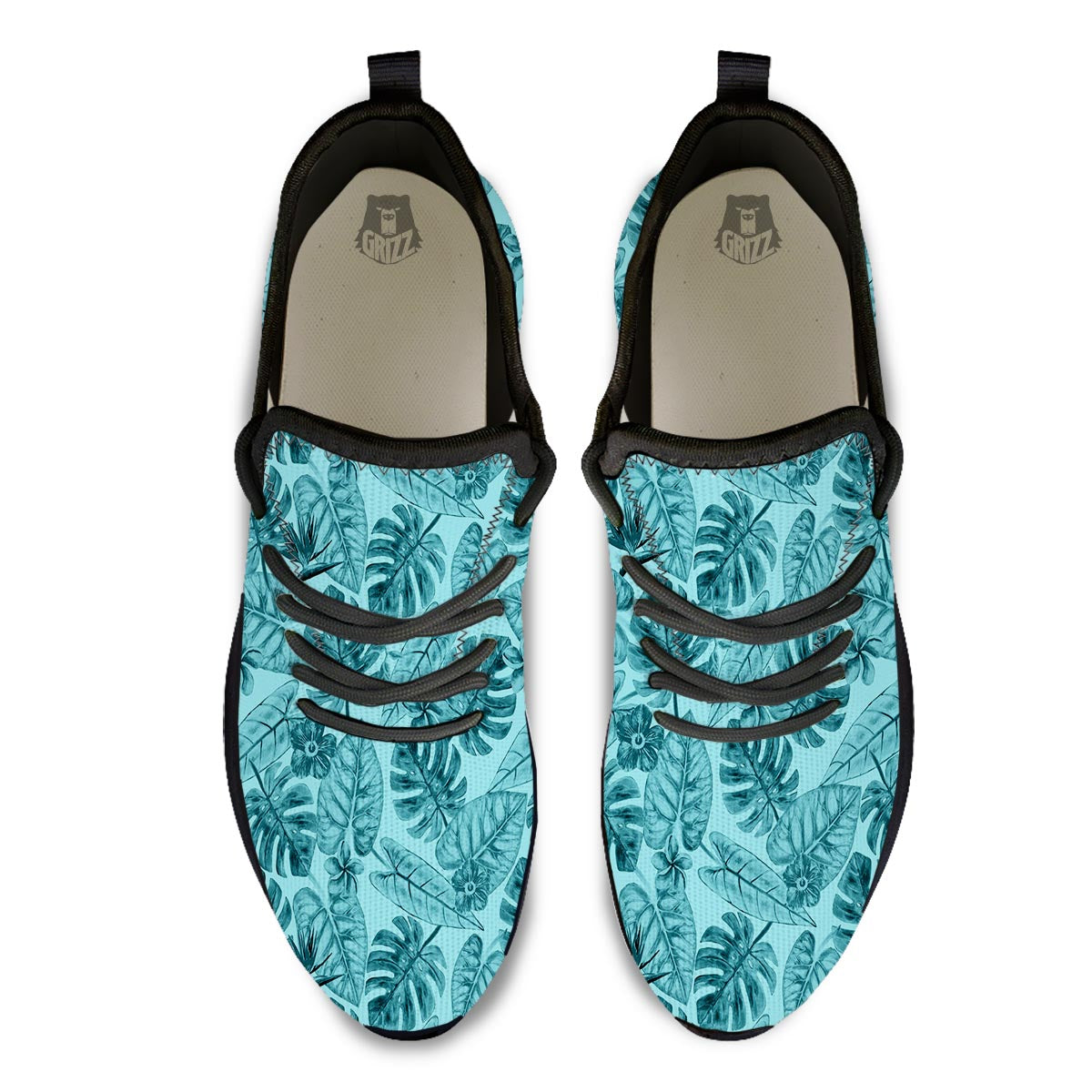 Leaf Flower Teal Hawaiian Print Pattern Black Athletic Shoes-grizzshop