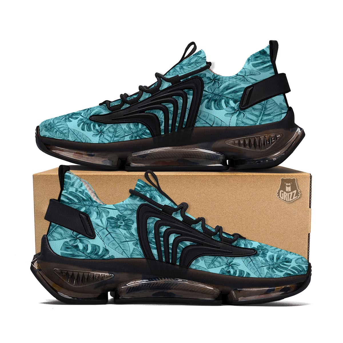 Leaf Flower Teal Hawaiian Print Pattern Black Gym Shoes-grizzshop