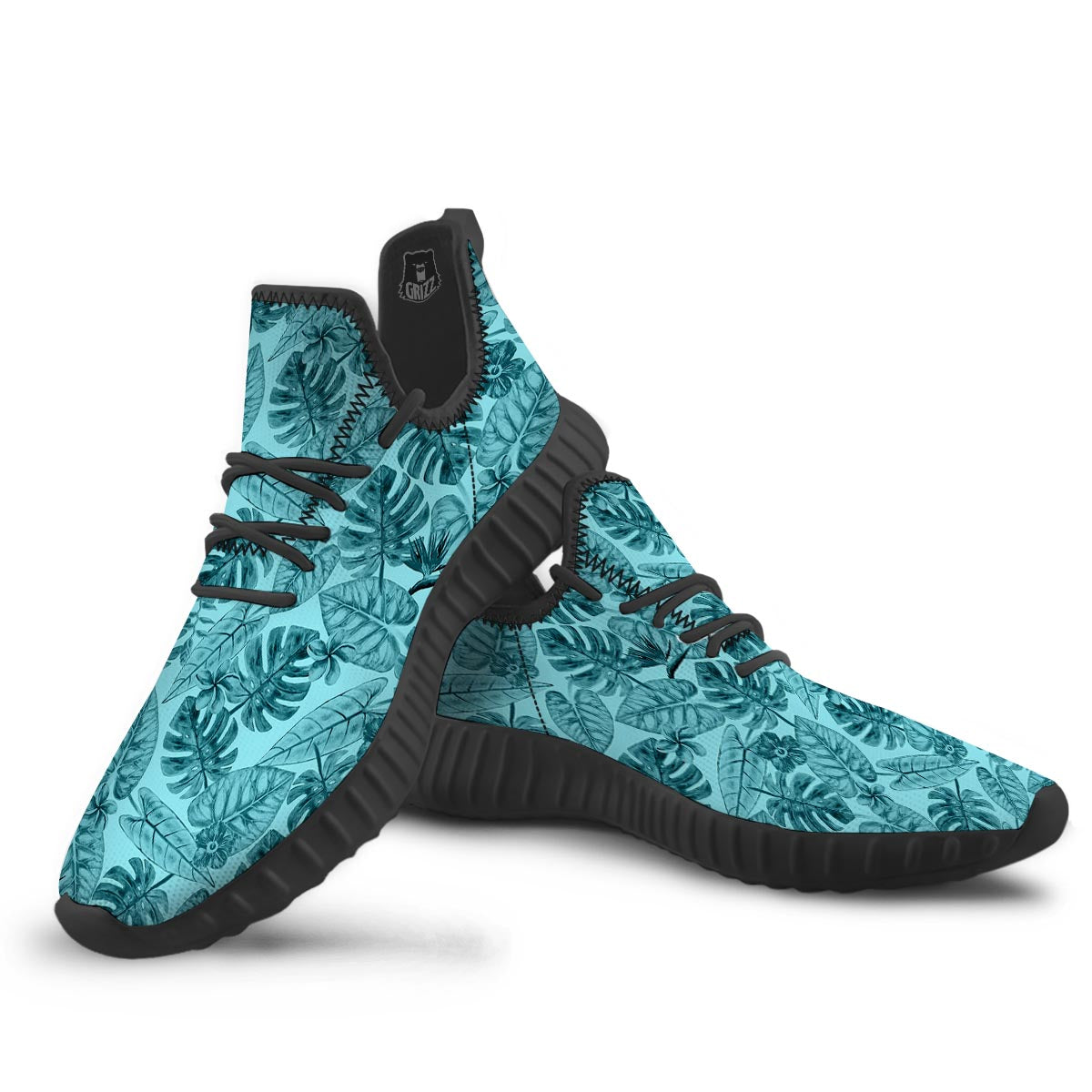 Leaf Flower Teal Hawaiian Print Pattern Black Walking Shoes-grizzshop
