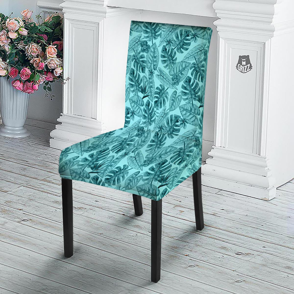 Leaf Flower Teal Hawaiian Print Pattern Dining Chair Slipcover-grizzshop