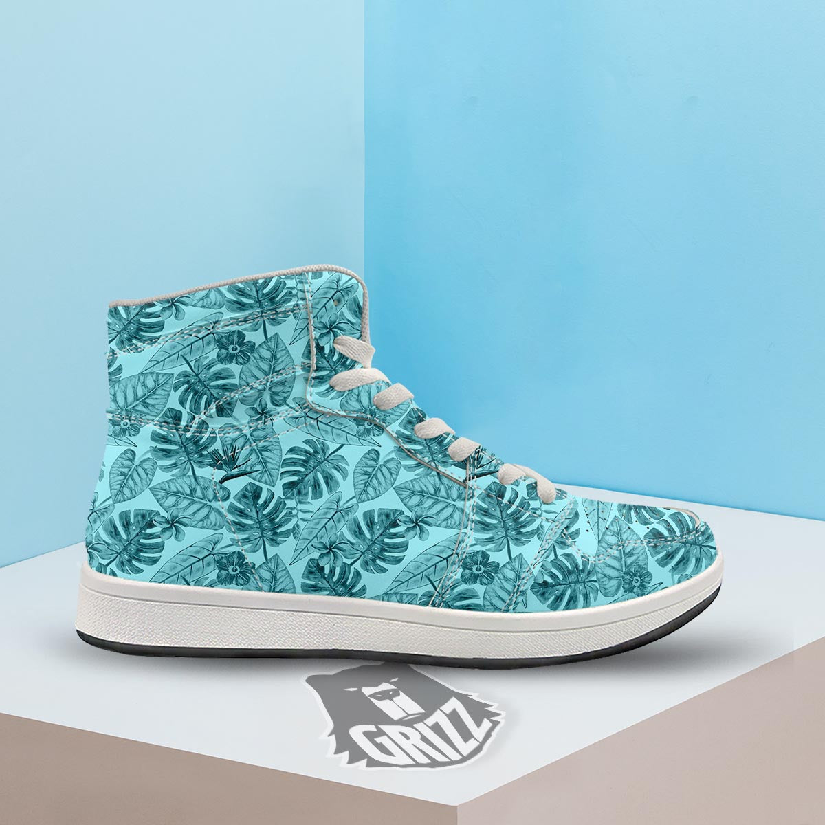 Leaf Flower Teal Hawaiian Print Pattern High Top Sneakers-grizzshop