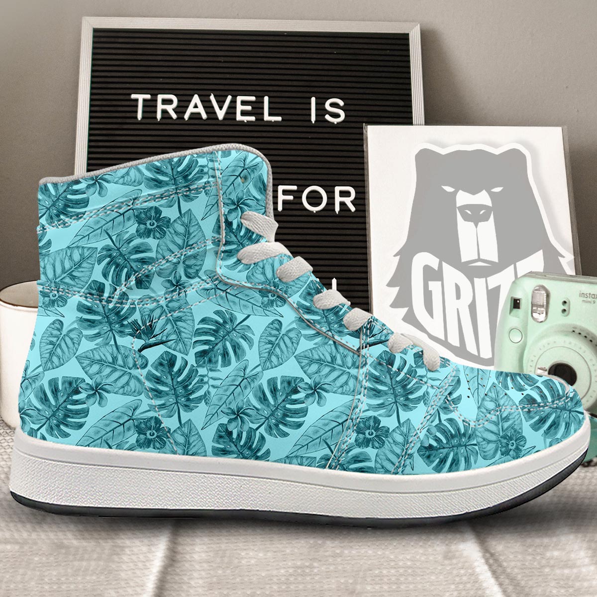 Leaf Flower Teal Hawaiian Print Pattern High Top Sneakers-grizzshop