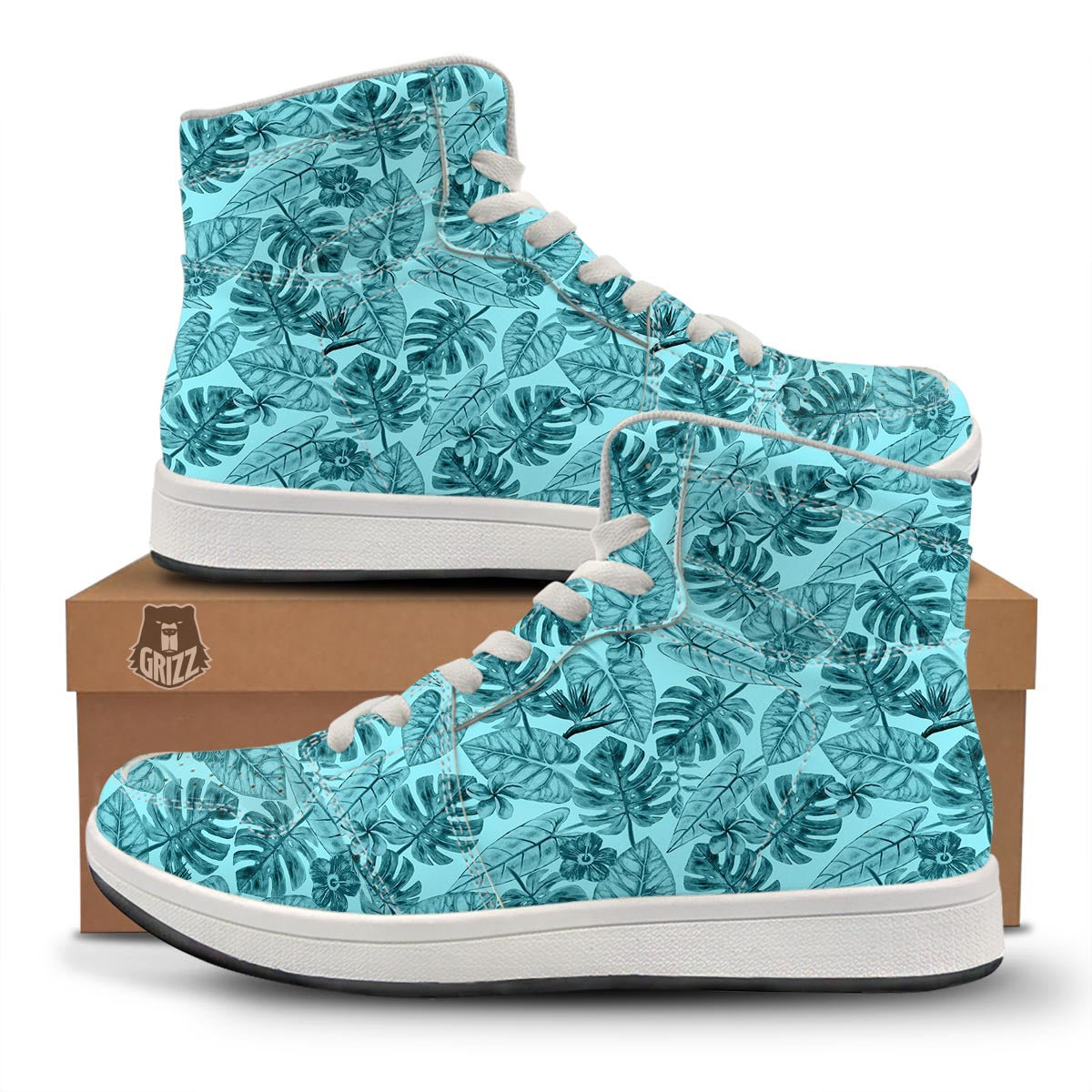 Leaf Flower Teal Hawaiian Print Pattern High Top Sneakers-grizzshop