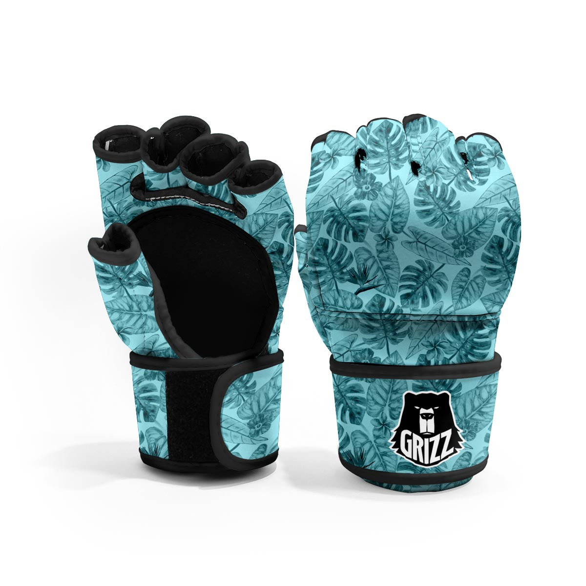 Leaf Flower Teal Hawaiian Print Pattern MMA Gloves-grizzshop