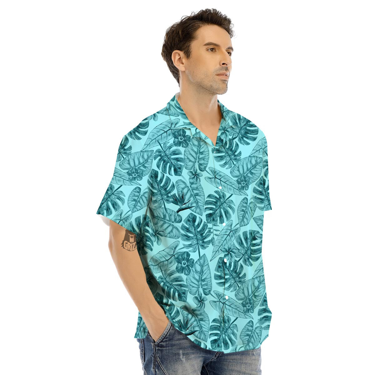 Leaf Flower Teal Hawaiian Print Pattern Men's Hawaiian Shirt-grizzshop