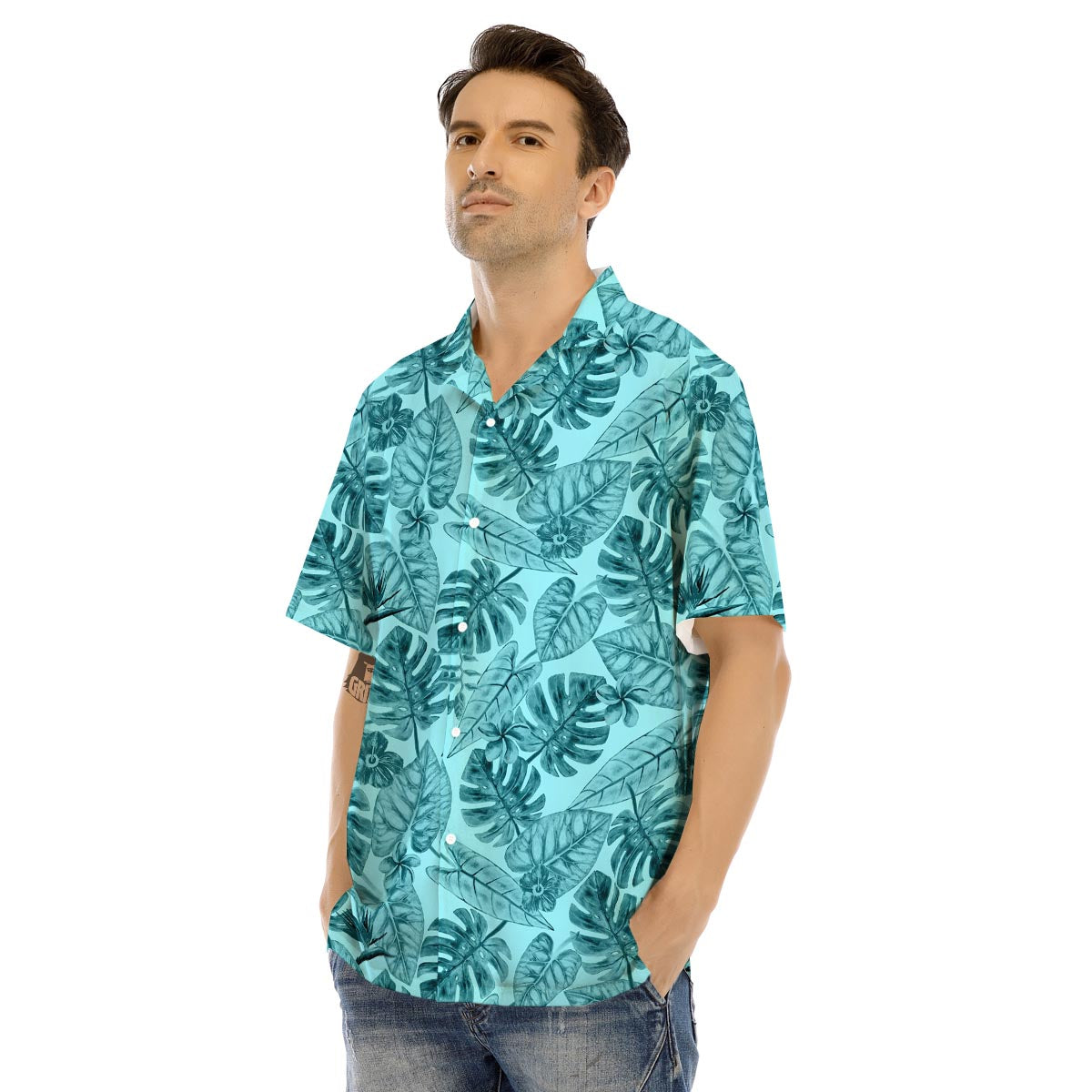 Leaf Flower Teal Hawaiian Print Pattern Men's Hawaiian Shirt-grizzshop