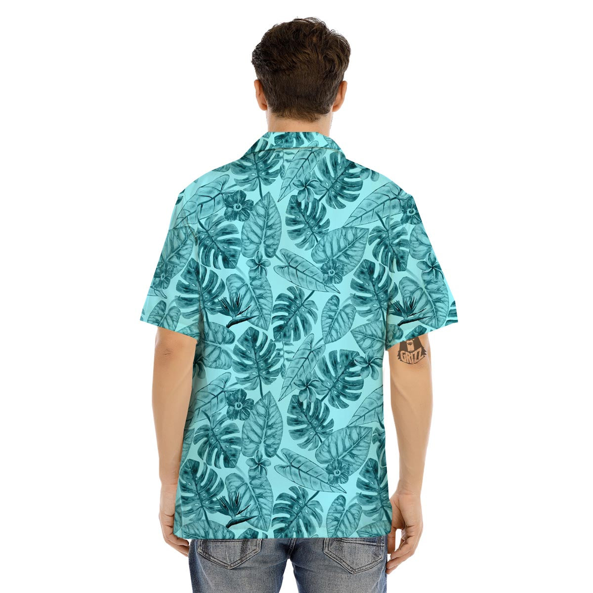 Leaf Flower Teal Hawaiian Print Pattern Men's Hawaiian Shirt-grizzshop