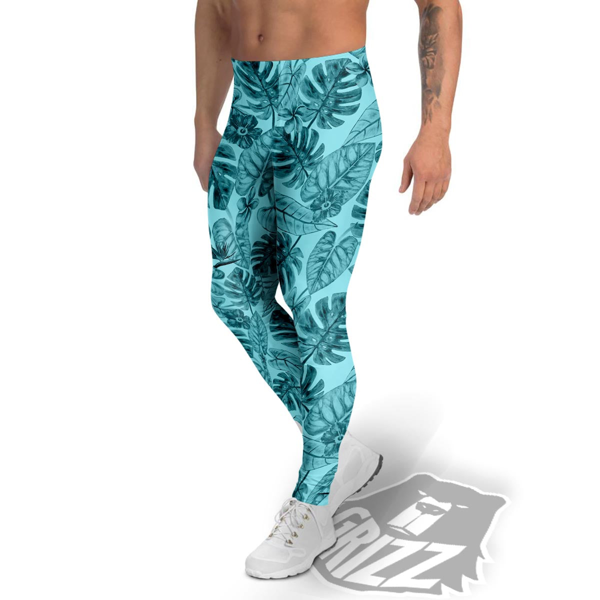 Leaf Flower Teal Hawaiian Print Pattern Men's Leggings-grizzshop