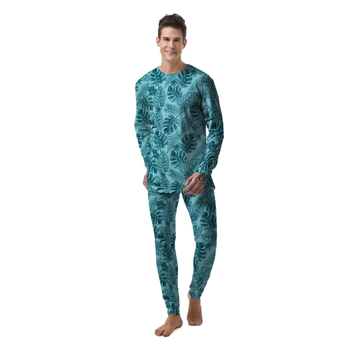 Leaf Flower Teal Hawaiian Print Pattern Men's Pajamas-grizzshop