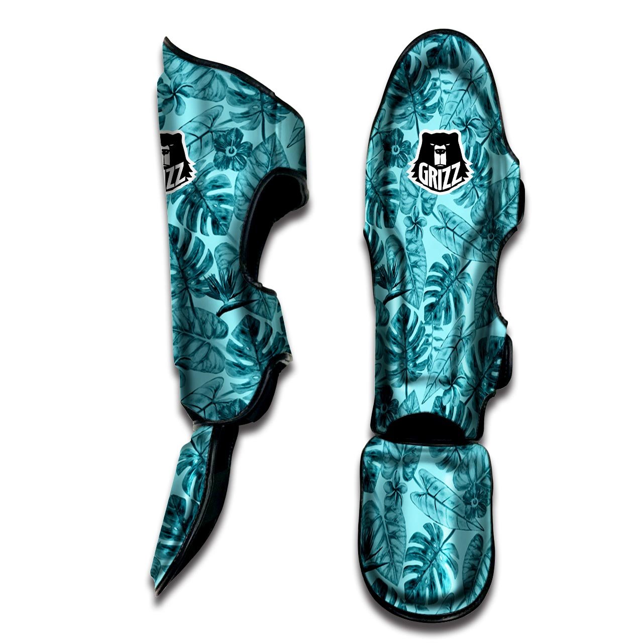 Leaf Flower Teal Hawaiian Print Pattern Muay Thai Shin Guards-grizzshop