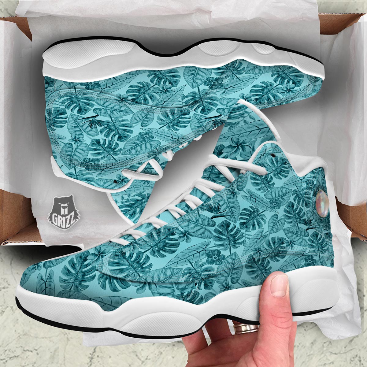Leaf Flower Teal Hawaiian Print Pattern White Basketball Shoes-grizzshop