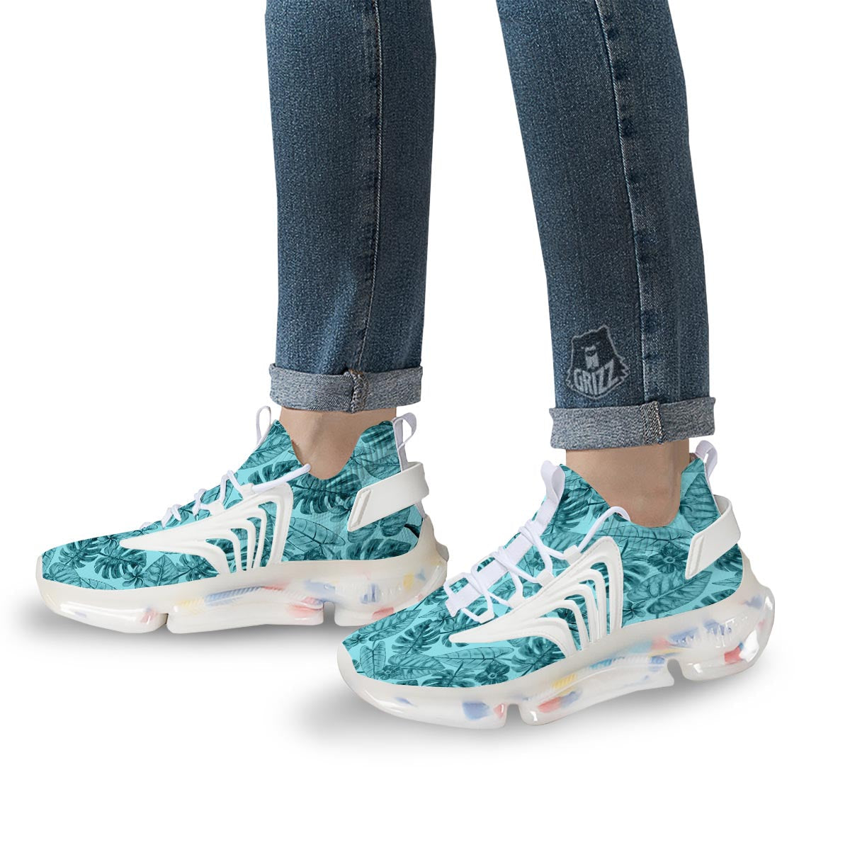 Leaf Flower Teal Hawaiian Print Pattern White Gym Shoes-grizzshop