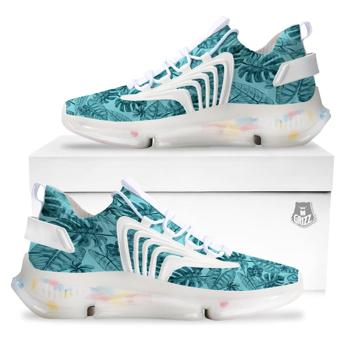 Leaf Flower Teal Hawaiian Print Pattern White Gym Shoes-grizzshop