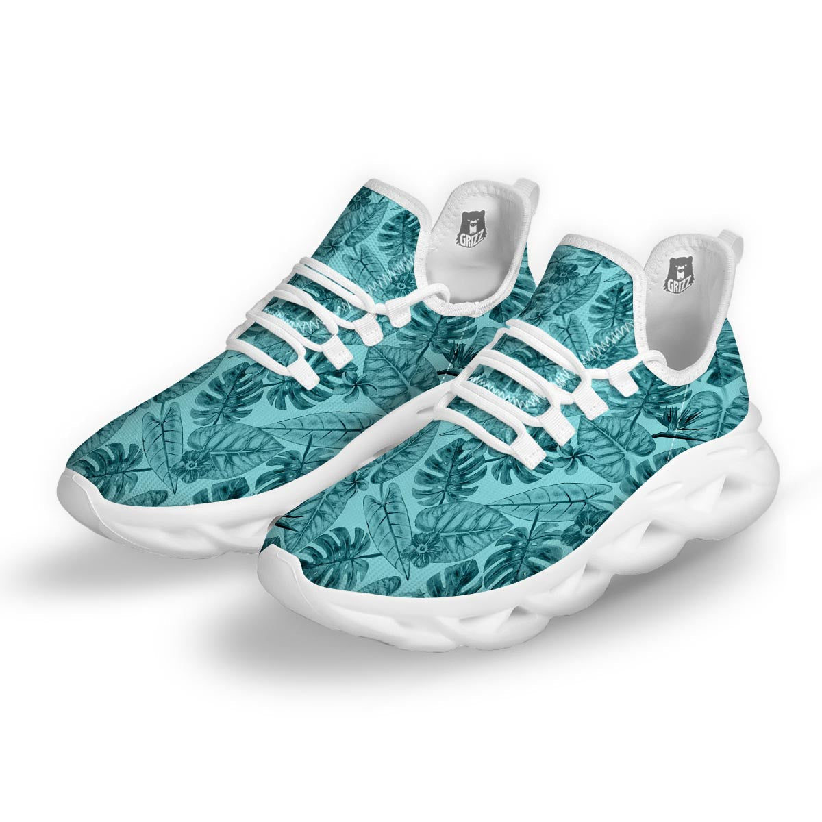 Leaf Flower Teal Hawaiian Print Pattern White Running Shoes-grizzshop