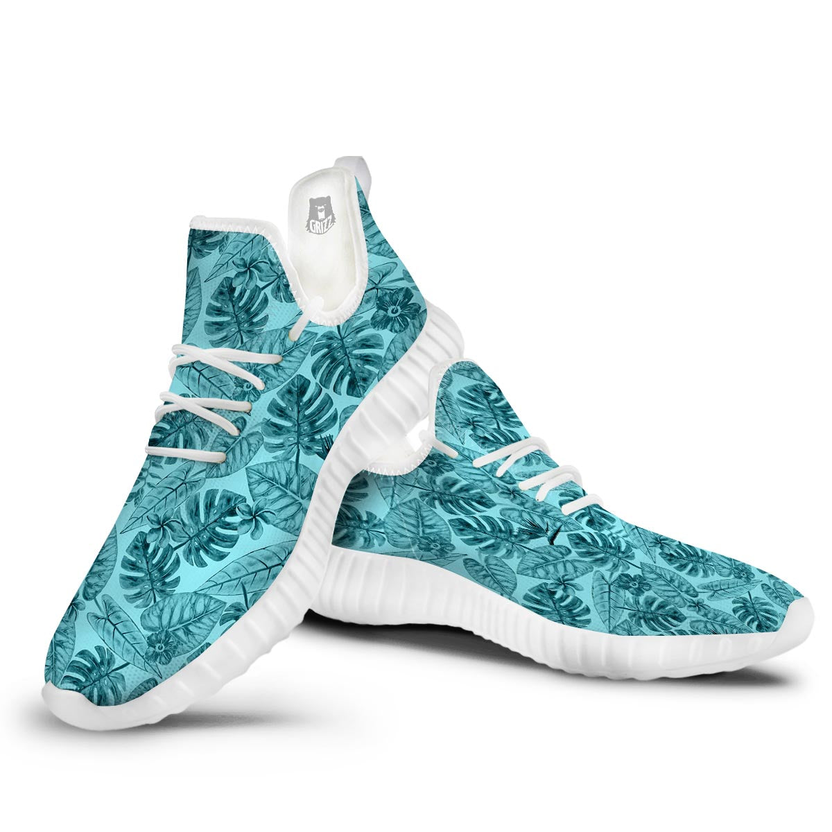 Leaf Flower Teal Hawaiian Print Pattern White Walking Shoes-grizzshop