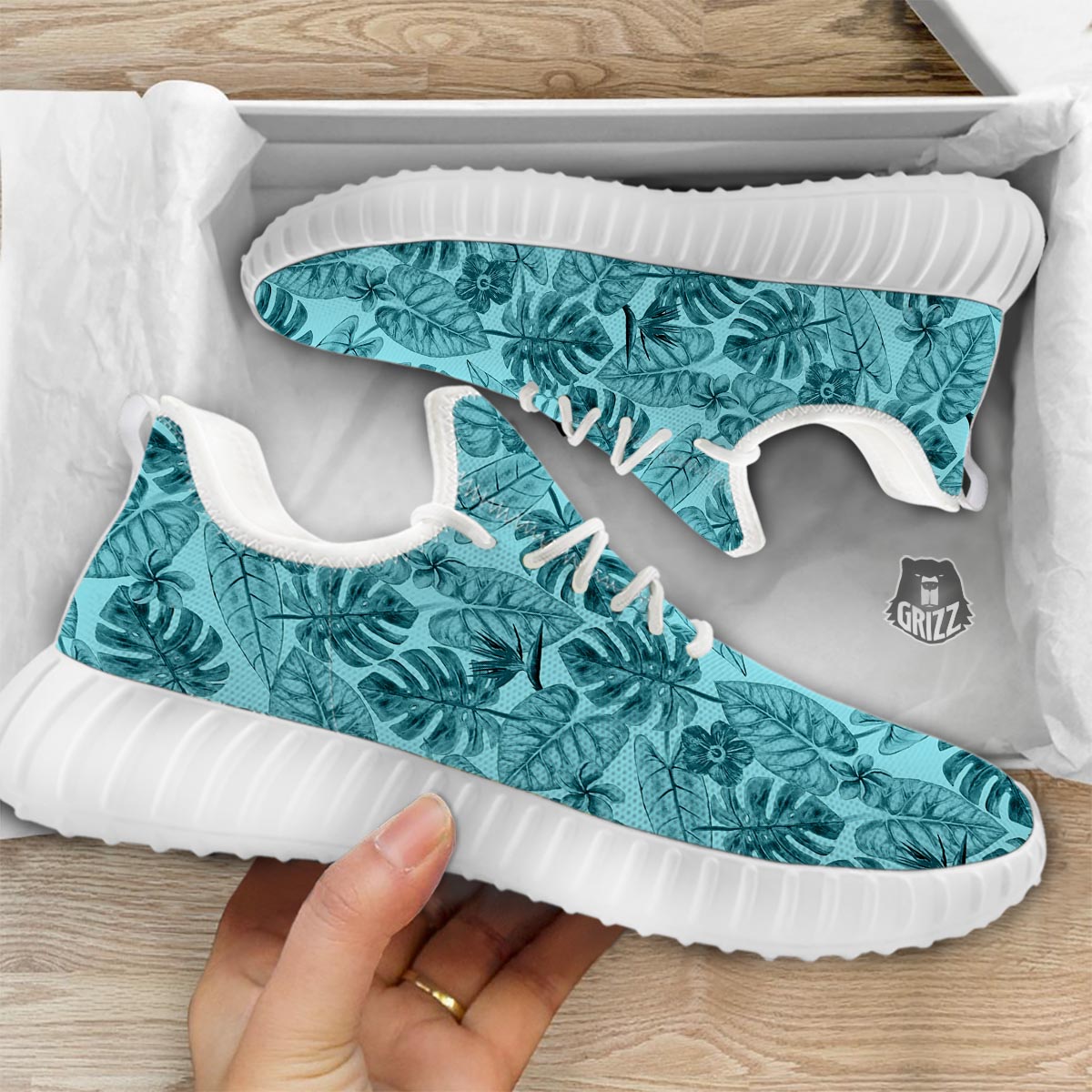 Leaf Flower Teal Hawaiian Print Pattern White Walking Shoes-grizzshop