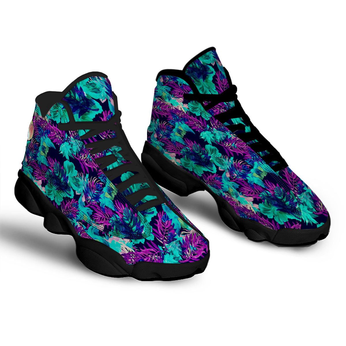 Leaf Green And Purple Print Pattern Black Basketball Shoes-grizzshop