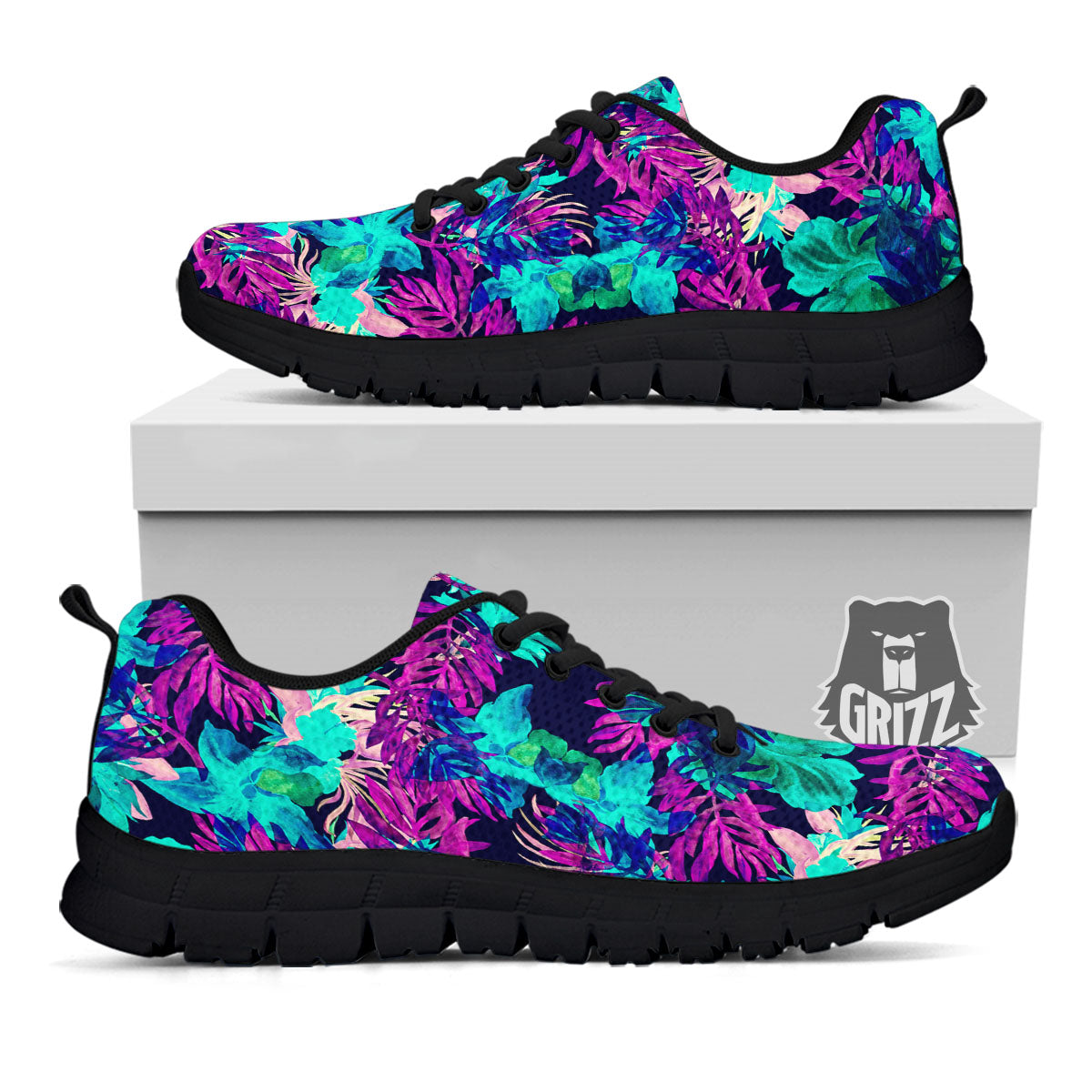 Leaf Green And Purple Print Pattern Black Sneaker-grizzshop