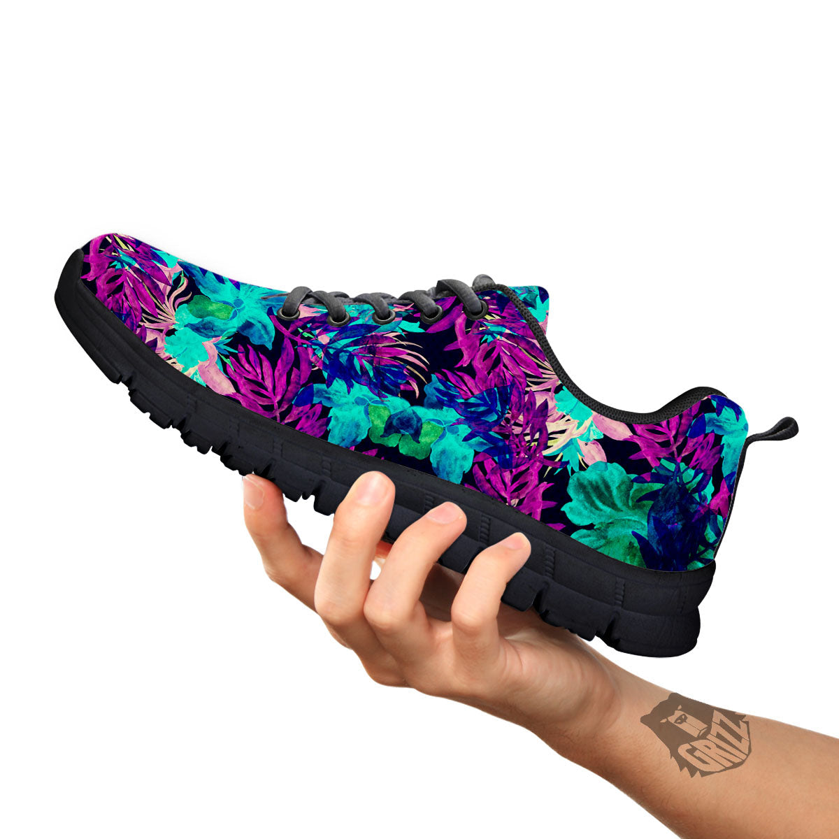 Leaf Green And Purple Print Pattern Black Sneaker-grizzshop