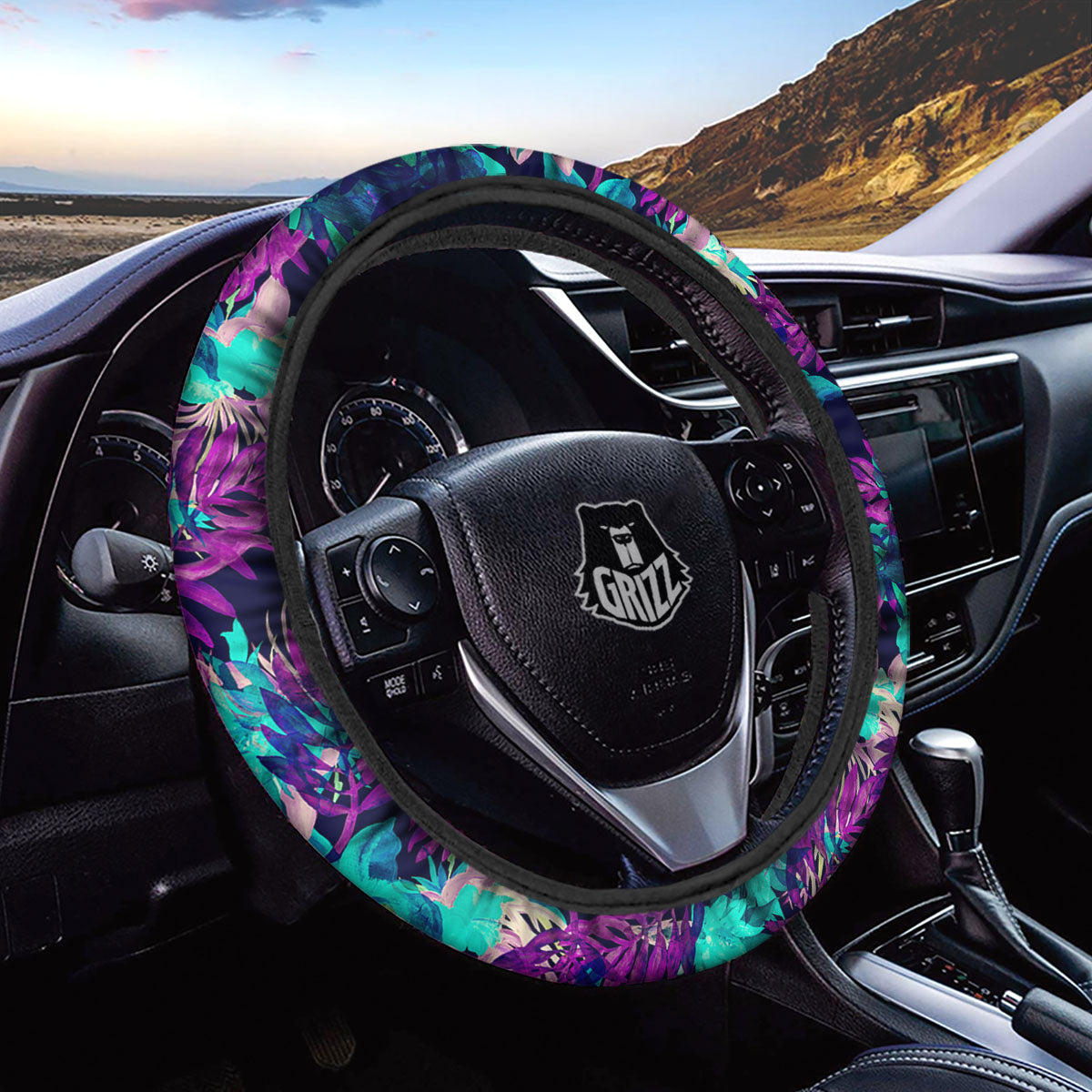 Leaf Green And Purple Print Pattern Car Steering Wheel Cover-grizzshop