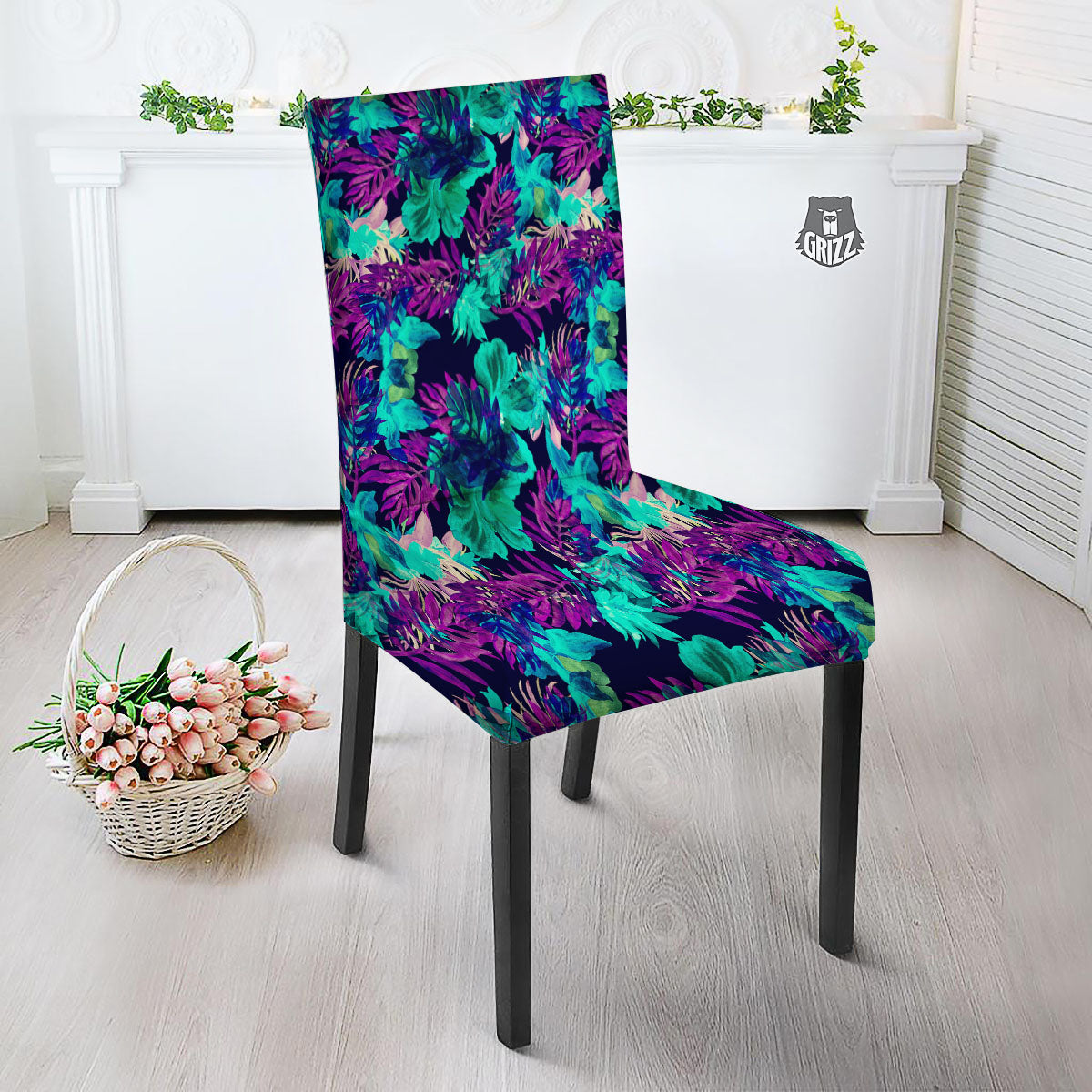 Leaf Green And Purple Print Pattern Dining Chair Slipcover-grizzshop