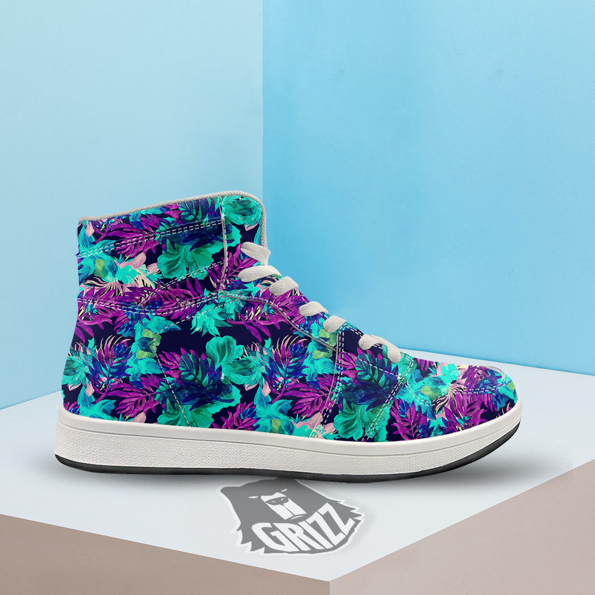 Leaf Green And Purple Print Pattern High Top Sneakers-grizzshop