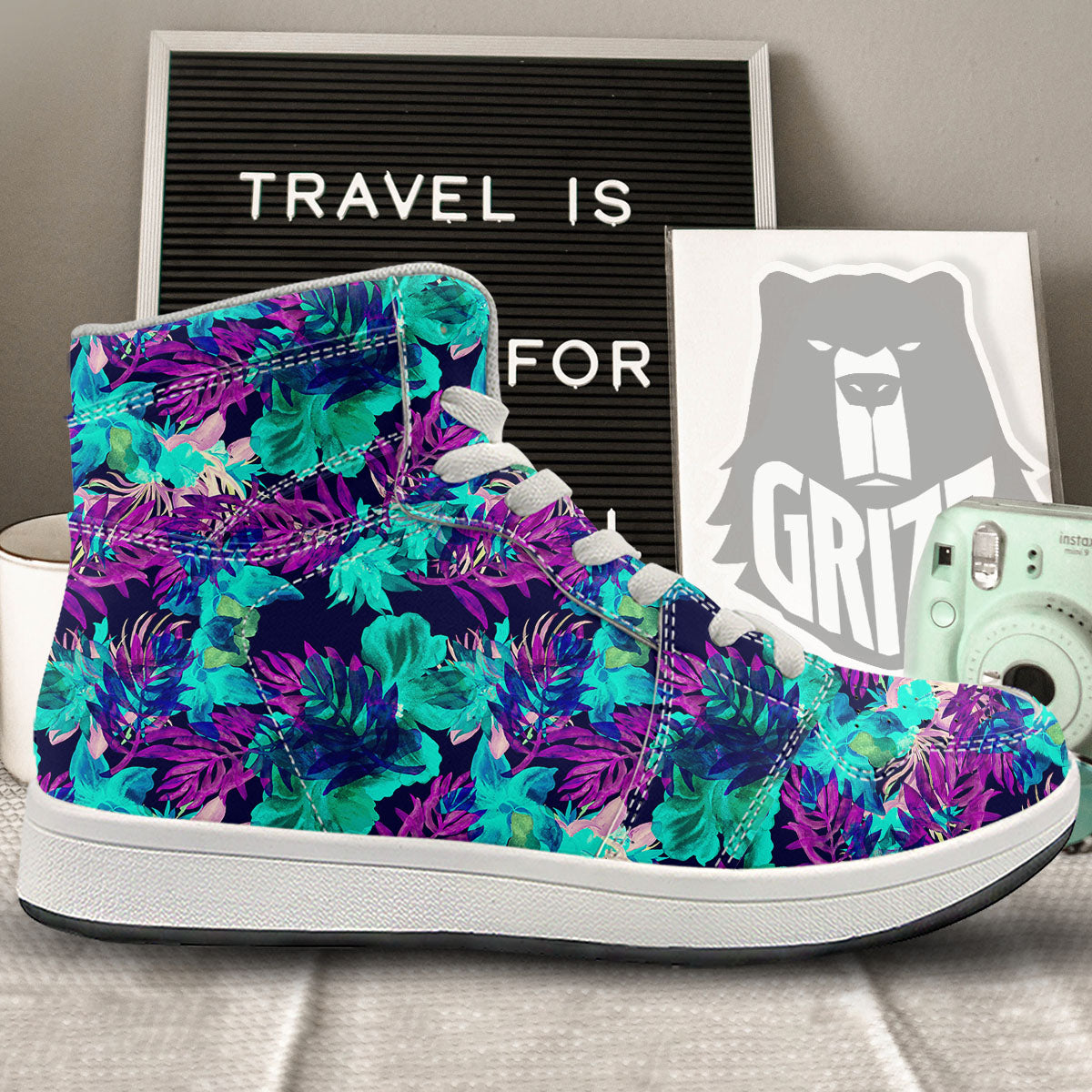 Leaf Green And Purple Print Pattern High Top Sneakers-grizzshop