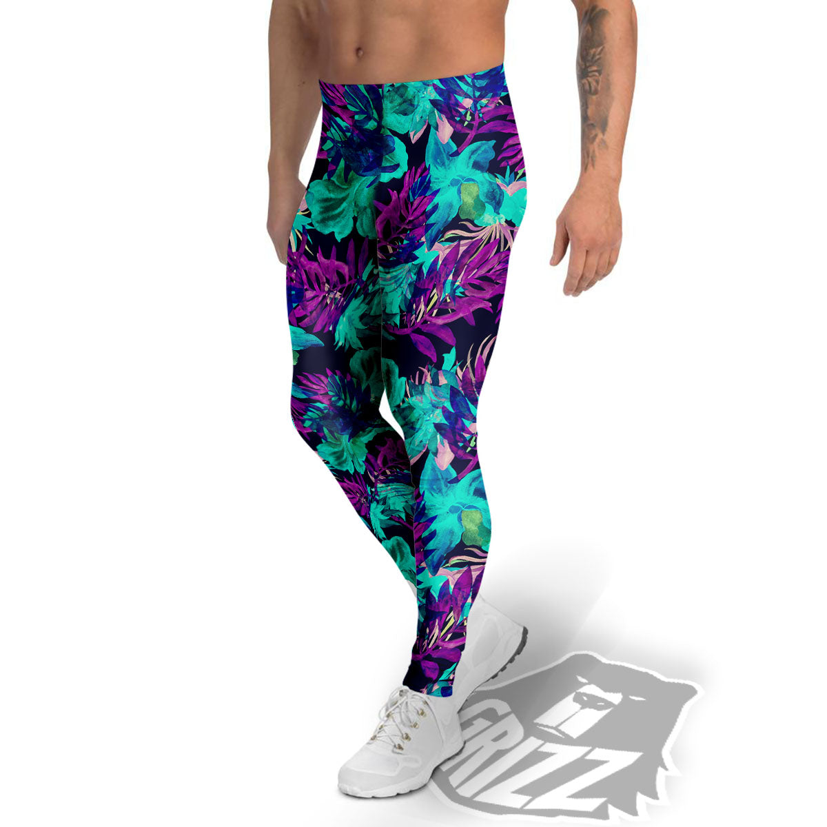Leaf Green And Purple Print Pattern Men's Leggings-grizzshop