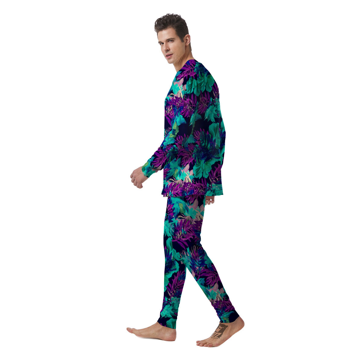 Leaf Green And Purple Print Pattern Men's Pajamas-grizzshop