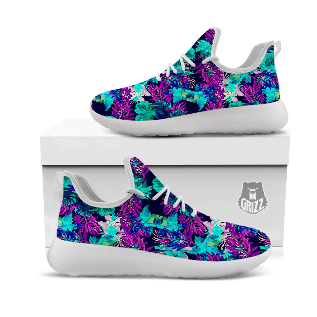 Leaf Green And Purple Print Pattern White Athletic Shoes-grizzshop