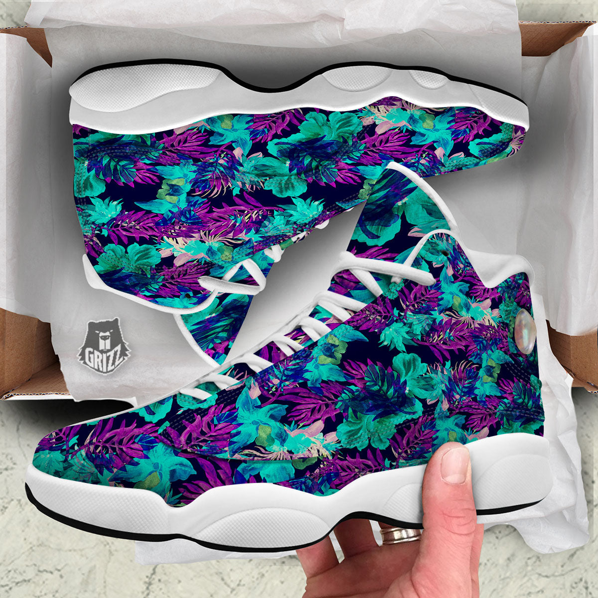 Leaf Green And Purple Print Pattern White Basketball Shoes-grizzshop