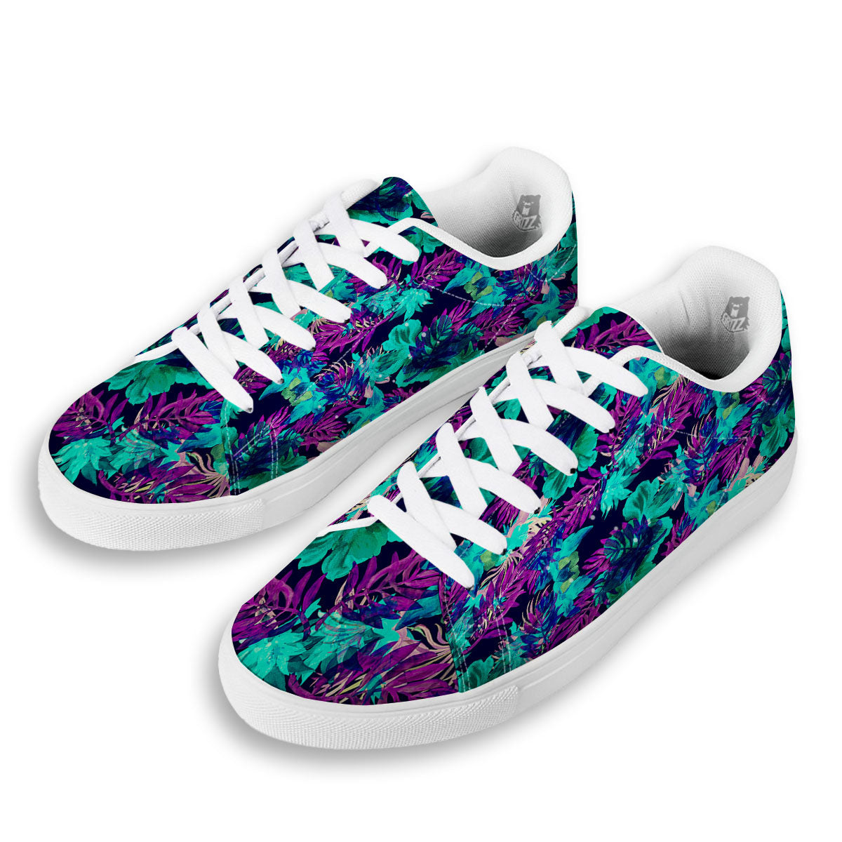 Leaf Green And Purple Print Pattern White Low Top Sneakers-grizzshop