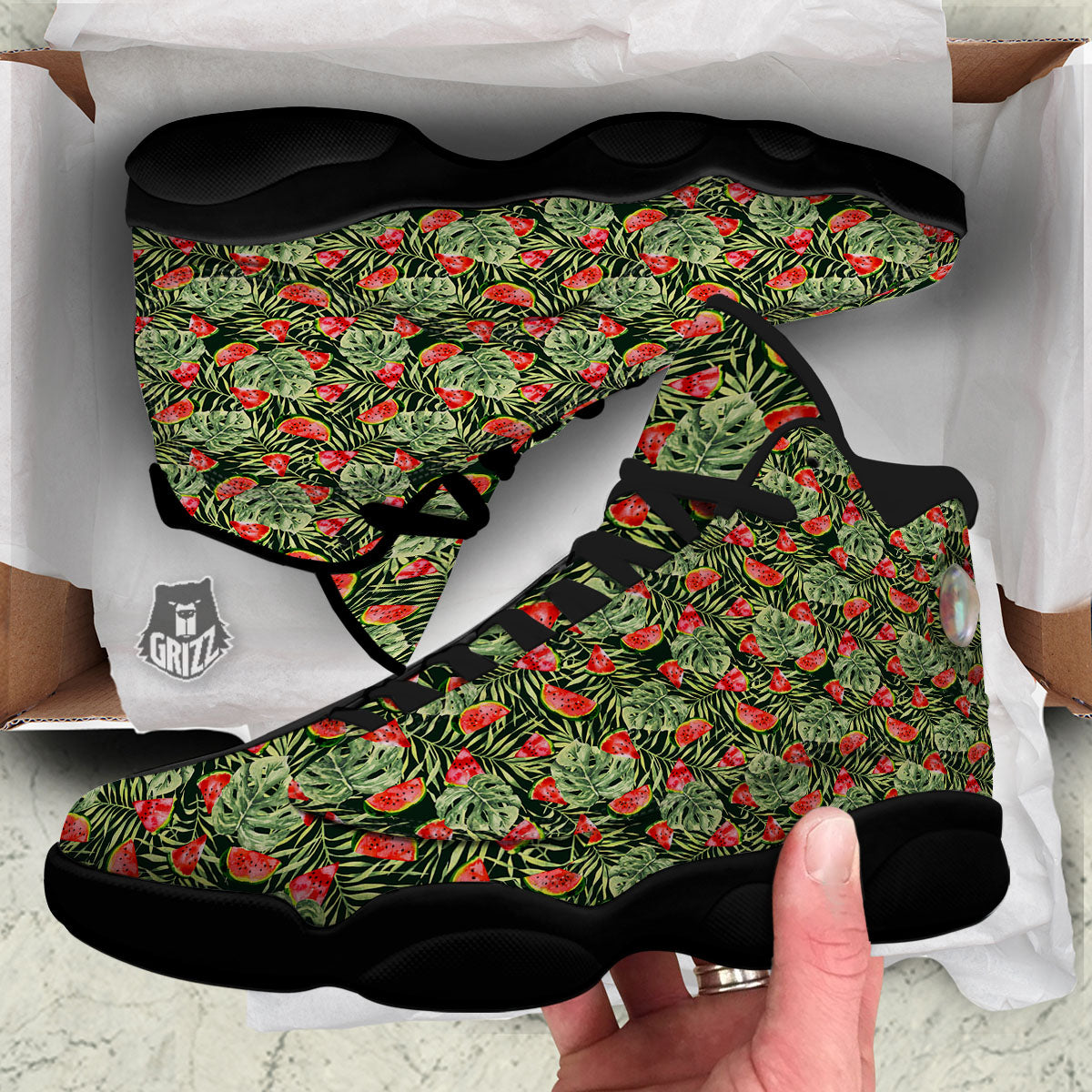 Leaf Palm Watermelon Black Print Pattern Black Basketball Shoes-grizzshop